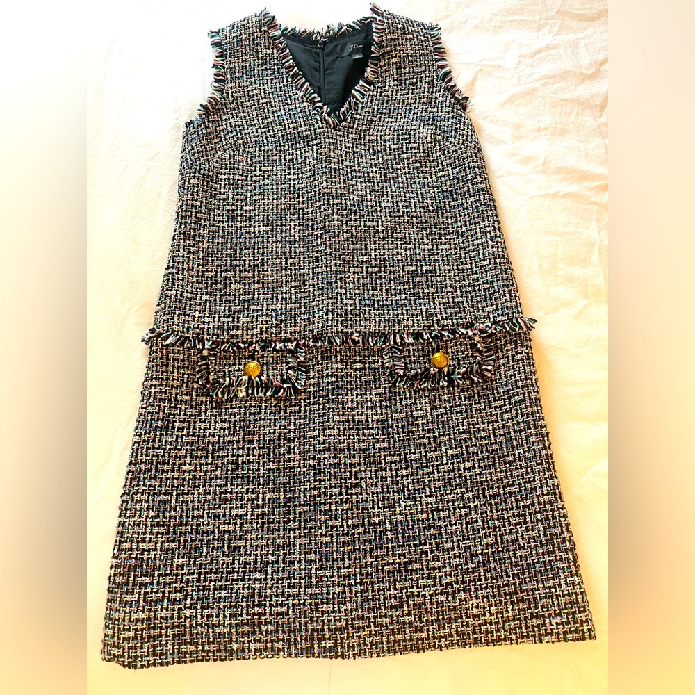 J.Crew Tweed Shift Dress Multi-Color with Gold Buttons, Size 4